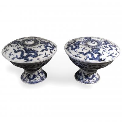 Pair of Chinese Qing Period Blue and White Porcelain Footed Bowls with Covers