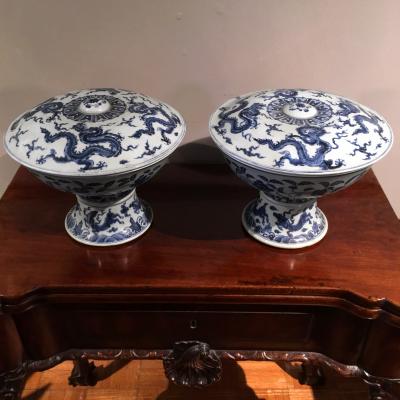 Pair of Chinese Qing Period Blue and White Porcelain Footed Bowls with Covers
