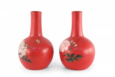 Pair of Chinese Red Flower Design Hand Painted Porcelain Vases