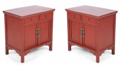 Pair of Chinese Red Painted Wooden Commodes Side Tables