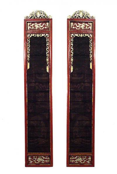 Pair of Chinese Red and Gold Lacquered Pilasters
