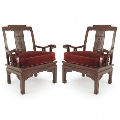 Pair of Chinese Rosewood Cushioned Armchairs