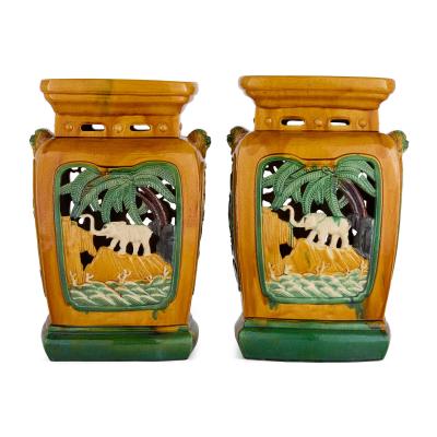 Pair of Chinese Sancai glazed earthenware seats