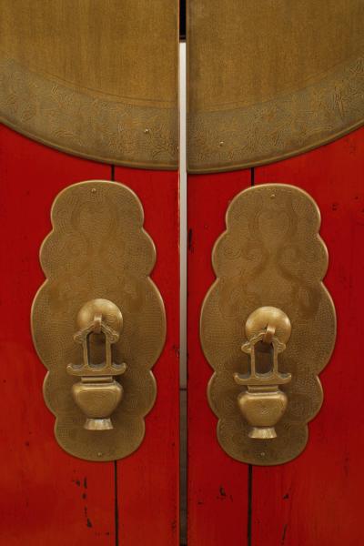 Pair of Chinese Style Brass and Red Lacquered Armoire Cabinets