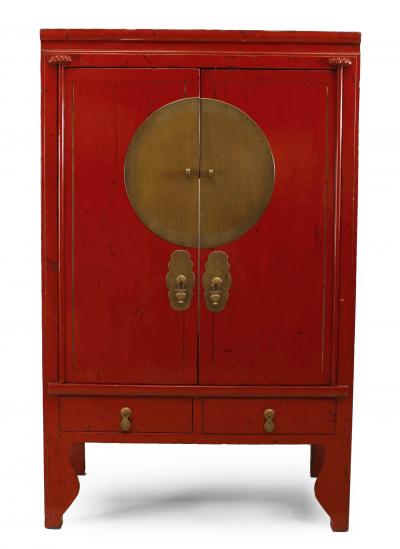 Pair of Chinese Style Brass and Red Lacquered Armoire Cabinets