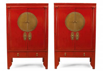 Pair of Chinese Style Brass and Red Lacquered Armoire Cabinets