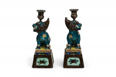 Pair of Chinese Style Decorative Porcelain Foo Dog Candlesticks
