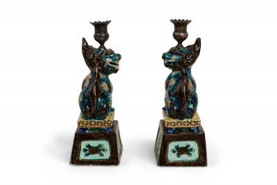 Pair of Chinese Style Decorative Porcelain Foo Dog Candlesticks