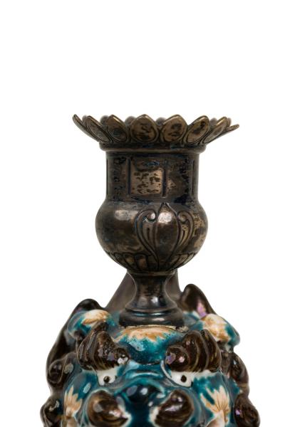 Pair of Chinese Style Decorative Porcelain Foo Dog Candlesticks
