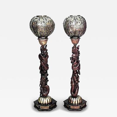 Pair of Chinese Style Filigree Gilt Wood Dragon Floor Lamps