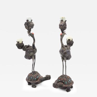 Pair of Chinese Style Silver Heron and Turtle Candelabras