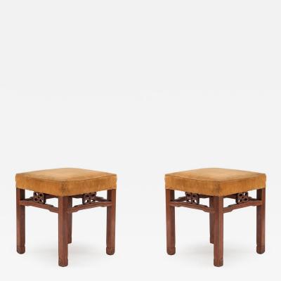 Pair of Chinese Teak and Velvet Benches