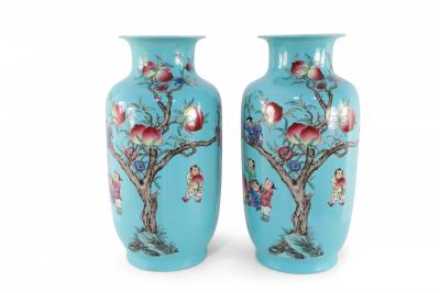 Pair of Chinese Teal Nine Peach Porcelain Vases
