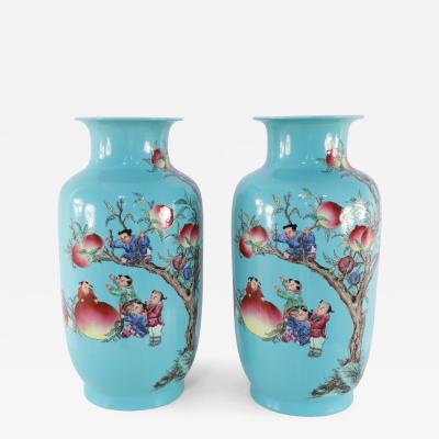 Pair of Chinese Teal Nine Peach Porcelain Vases