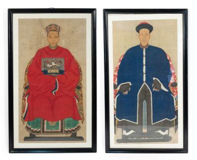 Pair of Chinese Watercolor Scrolls of Ancestor Portraits