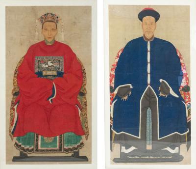 Pair of Chinese Watercolor Scrolls of Ancestor Portraits