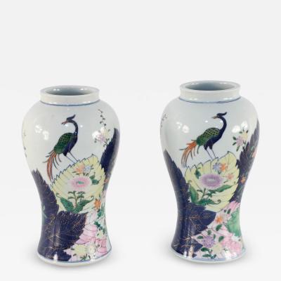 Pair of Chinese White Peacock and Floral Design Urn Shaped Porcelain Vases