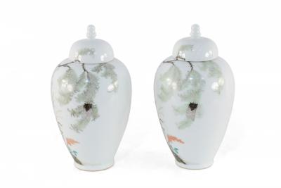 Pair of Chinese White Porcelain Famille Rose Lidded Jars