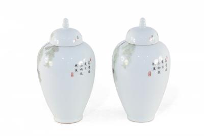 Pair of Chinese White Porcelain Famille Rose Lidded Jars