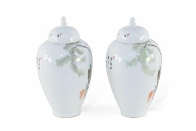 Pair of Chinese White Porcelain Famille Rose Lidded Jars