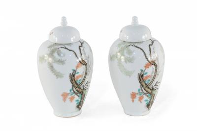 Pair of Chinese White Porcelain Famille Rose Lidded Jars