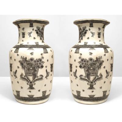 Pair of Chinese White and Black Porcelain Urns