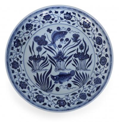 Pair of Chinese White and Blue Fish Decorative Plates