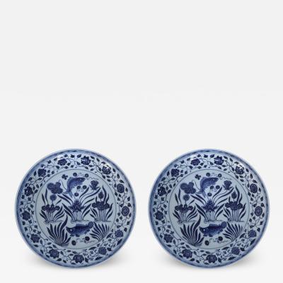Pair of Chinese White and Blue Fish Decorative Plates
