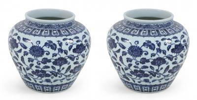 Pair of Chinese White and Blue Floral Porcelain Pots