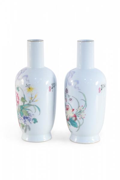 Pair of Chinese White and Floral Patterned Porcelain Mallet Vases