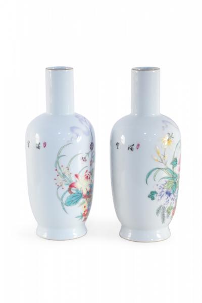 Pair of Chinese White and Floral Patterned Porcelain Mallet Vases