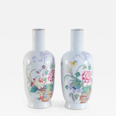 Pair of Chinese White and Floral Patterned Porcelain Mallet Vases