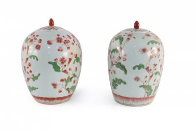 Pair of Chinese White and Pink Cherry Blossom Motif Lidded Porcelain Urns