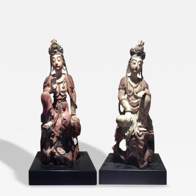 Pair of Chinese Wood Statues of Guanyin The Goddess of Mercy 