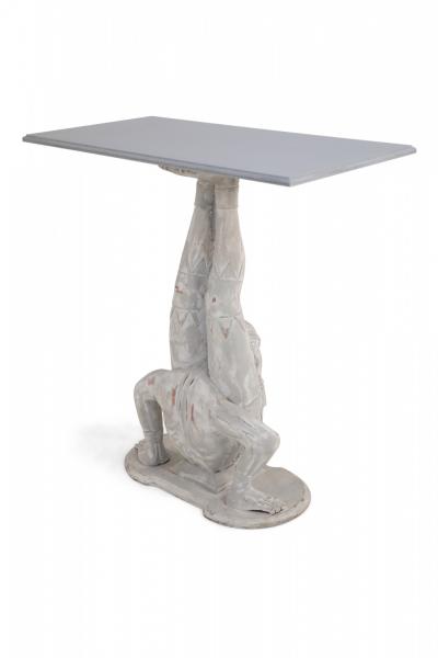 Pair of Chinese Wooden White Painted Contortionist Console Tables