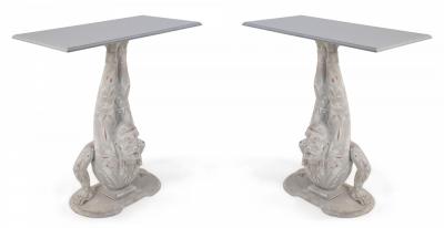 Pair of Chinese Wooden White Painted Contortionist Console Tables