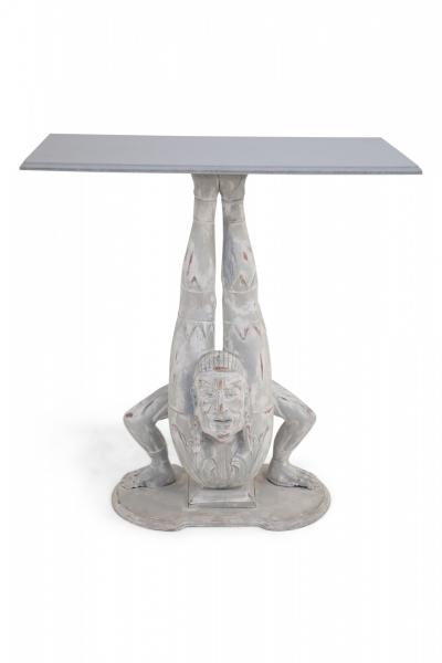 Pair of Chinese Wooden White Painted Contortionist Console Tables