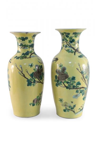 Pair of Chinese Yellow and Natural Scene Vases