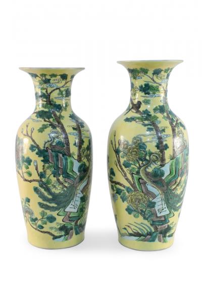 Pair of Chinese Yellow and Natural Scene Vases