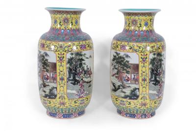 Pair of Chinese Yellow and Turquoise Genre Vignette Porcelain Vases
