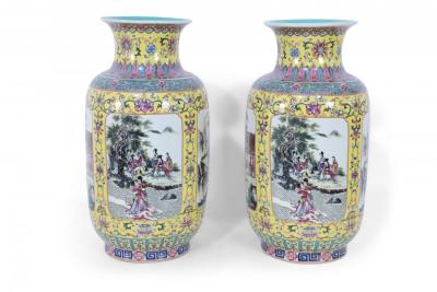 Pair of Chinese Yellow and Turquoise Genre Vignette Porcelain Vases