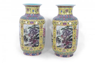 Pair of Chinese Yellow and Turquoise Genre Vignette Porcelain Vases