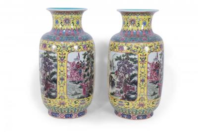 Pair of Chinese Yellow and Turquoise Genre Vignette Porcelain Vases