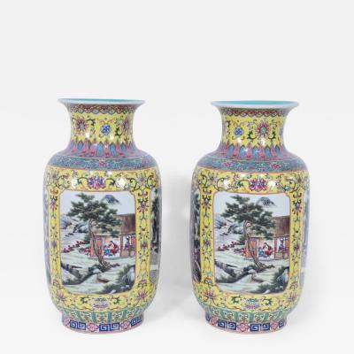 Pair of Chinese Yellow and Turquoise Genre Vignette Porcelain Vases