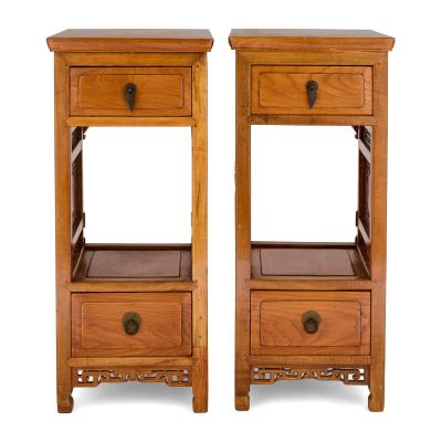 Pair of Chinese carved hardwood and metal pedestals