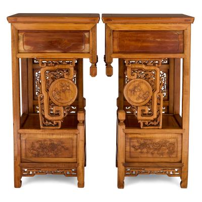 Pair of Chinese carved hardwood and metal pedestals