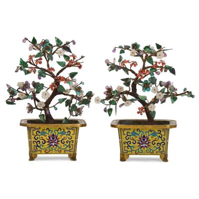 Pair of Chinese hardstone jade and cloisonn enamel flower tree models