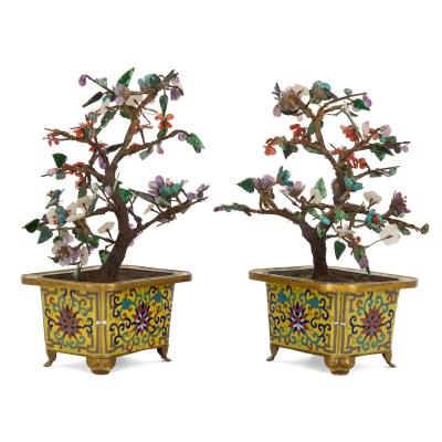 Pair of Chinese hardstone jade and cloisonn enamel flower tree models