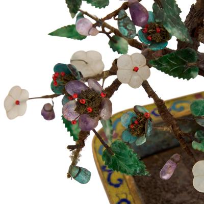 Pair of Chinese hardstone jade and cloisonn enamel flower tree models