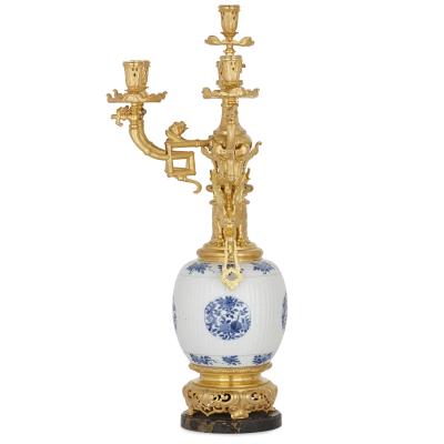 Pair of Chinese porcelain and French Chinoiserie style gilt bronze candelabra